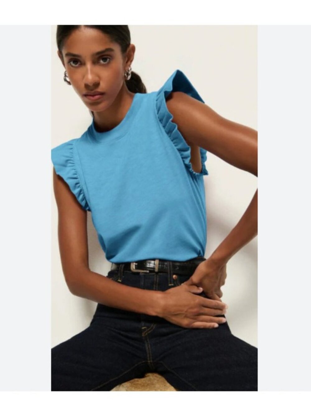 Nation LTD Paulette Shirt Womens Medium Blue Ruffle Flutter Sleeve Crew Neck Top